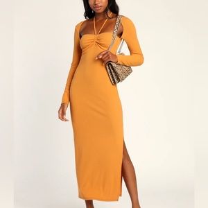 Lulu’s Tying for Love Orange Ribbed Knit Long Sleeve Halter Midi Dress